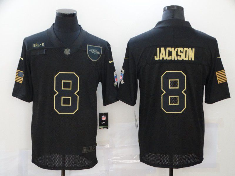 Men Baltimore Ravens 8 Jackson Black gold lettering 2020 Nike NFL Jersey
